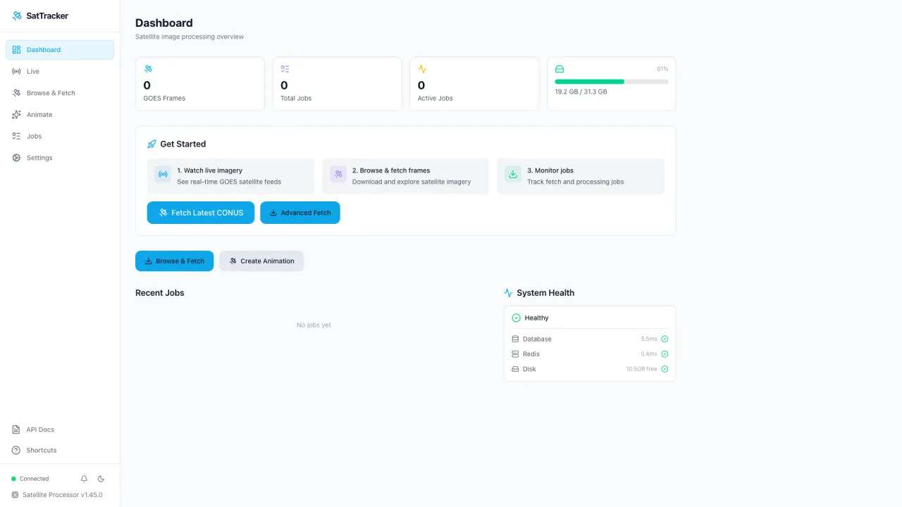 Satellite Processor dashboard with GOES frame counts, job queue status, and storage usage