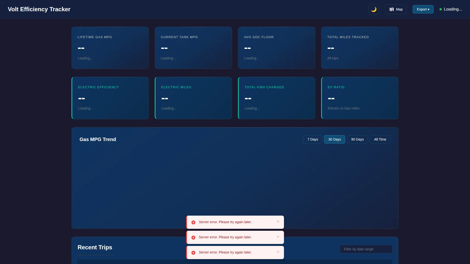 VoltTracker dashboard displaying real-time electric vehicle efficiency metrics, battery voltage, and trip summary statistics