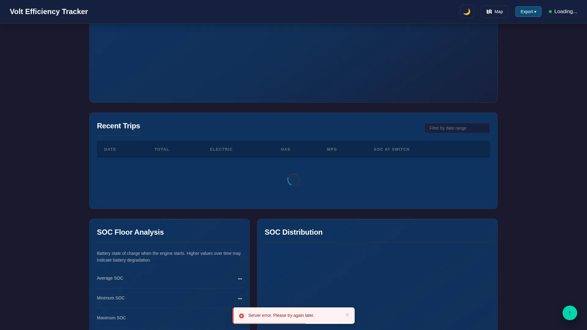 VoltTracker trip history list showing distance, fuel efficiency, and electric range for each recorded drive